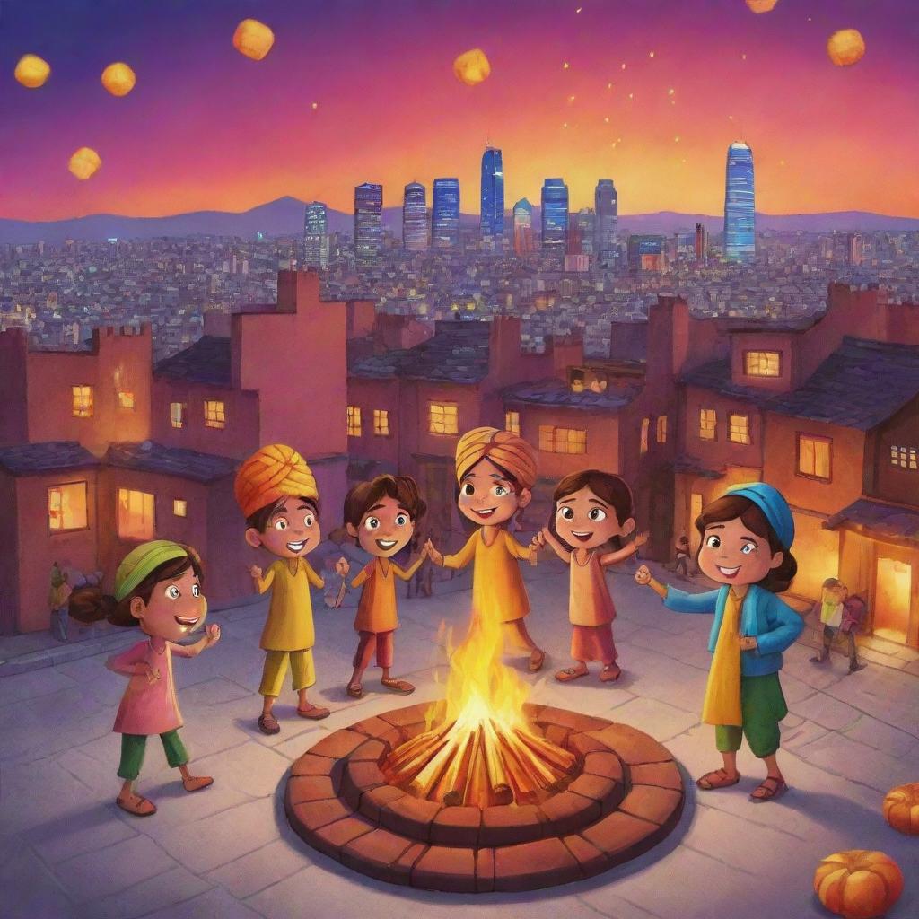 An adorable Instagram post featuring cartoonish characters of kids celebrating Lohri in a modern city perspective. They are delightfully dancing around a bonfire, holding traditional sweets, with a view of the illuminated city behind them.