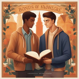 A high-quality digital illustration titled 'Bonds of Knowledge', portraying two Caucasian young men in a vibrant college setting