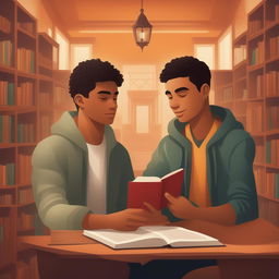 A high-quality digital illustration titled 'Bonds of Knowledge', portraying two Caucasian young men in a vibrant college setting