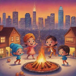 An adorable Instagram post featuring cartoonish characters of kids celebrating Lohri in a modern city perspective. They are delightfully dancing around a bonfire, holding traditional sweets, with a view of the illuminated city behind them.