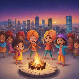 An adorable Instagram post featuring cartoonish characters of kids celebrating Lohri in a modern city perspective. They are delightfully dancing around a bonfire, holding traditional sweets, with a view of the illuminated city behind them.