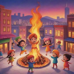 An adorable Instagram post featuring cartoonish characters of kids celebrating Lohri in a modern city perspective. They are delightfully dancing around a bonfire, holding traditional sweets, with a view of the illuminated city behind them.