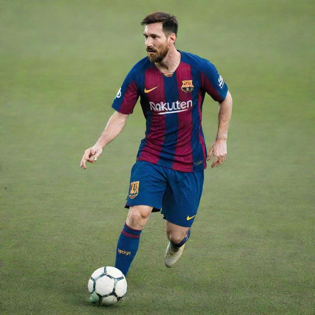 Lionel Messi, world-renowned footballer, in his blue and red Barcelona kit, skillfully handling a football on a vibrant, green pitch under a clear, bright sky