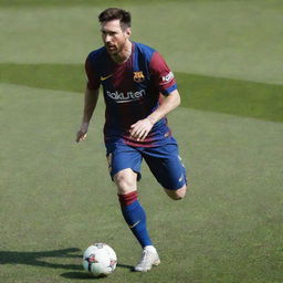 Lionel Messi, world-renowned footballer, in his blue and red Barcelona kit, skillfully handling a football on a vibrant, green pitch under a clear, bright sky