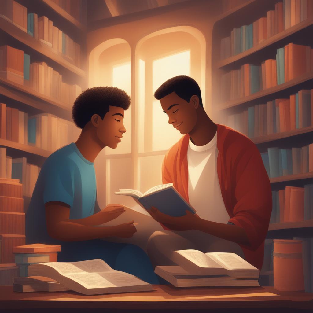 A detailed digital illustration, 'Bonds of Knowledge', portrays two young men in a lively college setting