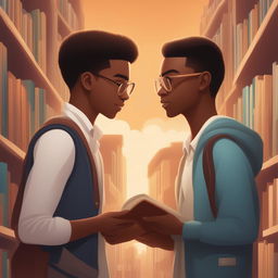 A detailed digital illustration, 'Bonds of Knowledge', portrays two young men in a lively college setting