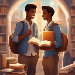 A detailed digital illustration, 'Bonds of Knowledge', portrays two young men in a lively college setting