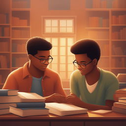 A detailed digital illustration, 'Bonds of Knowledge', portrays two young men in a lively college setting