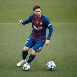 Lionel Messi, world-renowned footballer, in his blue and red Barcelona kit, skillfully handling a football on a vibrant, green pitch under a clear, bright sky