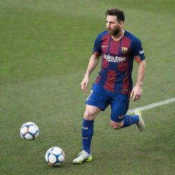 Lionel Messi, world-renowned footballer, in his blue and red Barcelona kit, skillfully handling a football on a vibrant, green pitch under a clear, bright sky