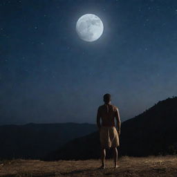 A man from the Muli tribe standing and gazing at the moon in a clear, starlit night