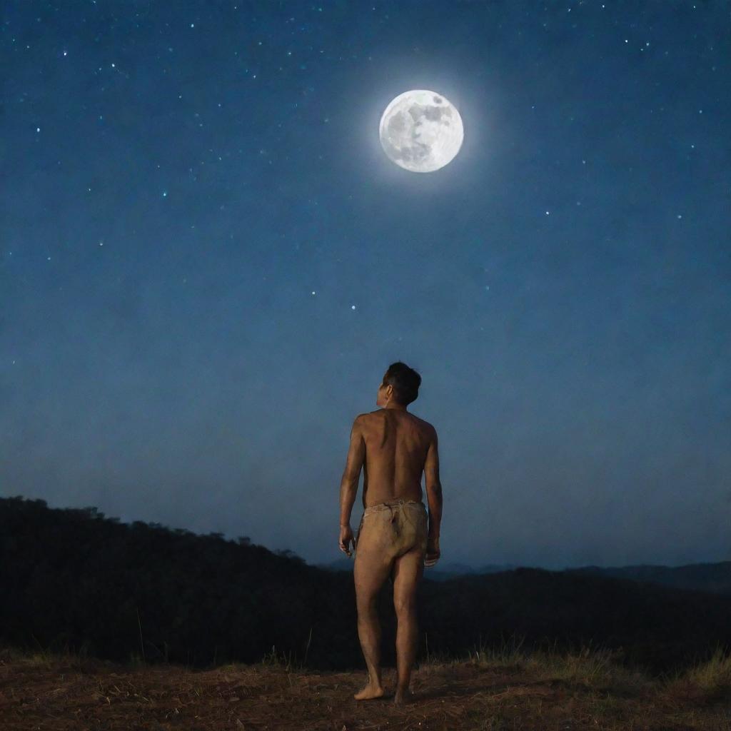 A man from the Muli tribe standing and gazing at the moon in a clear, starlit night