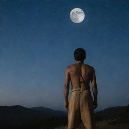 A man from the Muli tribe standing and gazing at the moon in a clear, starlit night