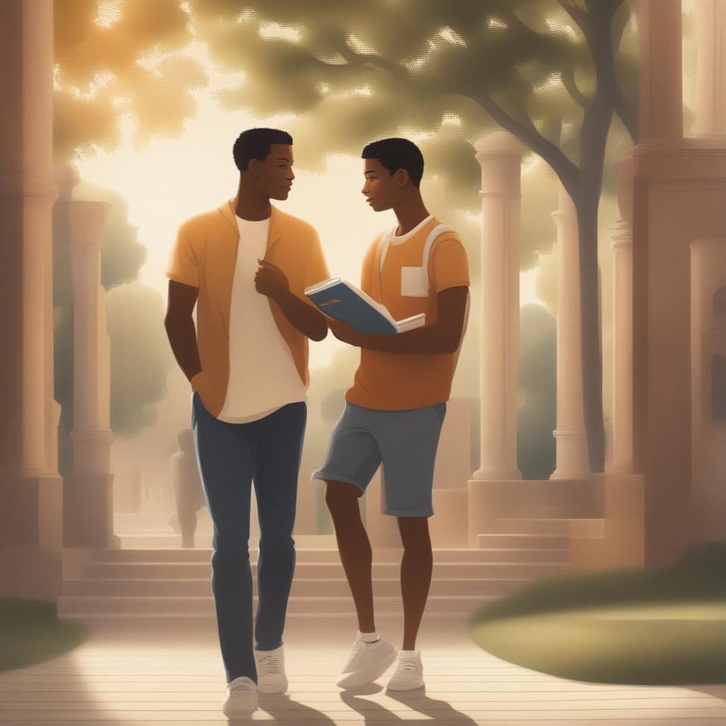 The digital artwork 'Bonds of Knowledge' depicts two white young men in an academic setting, their deep friendship emphasized amidst the bustling campus
