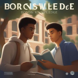 The digital artwork 'Bonds of Knowledge' depicts two white young men in an academic setting, their deep friendship emphasized amidst the bustling campus