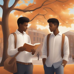 The digital artwork 'Bonds of Knowledge' depicts two white young men in an academic setting, their deep friendship emphasized amidst the bustling campus