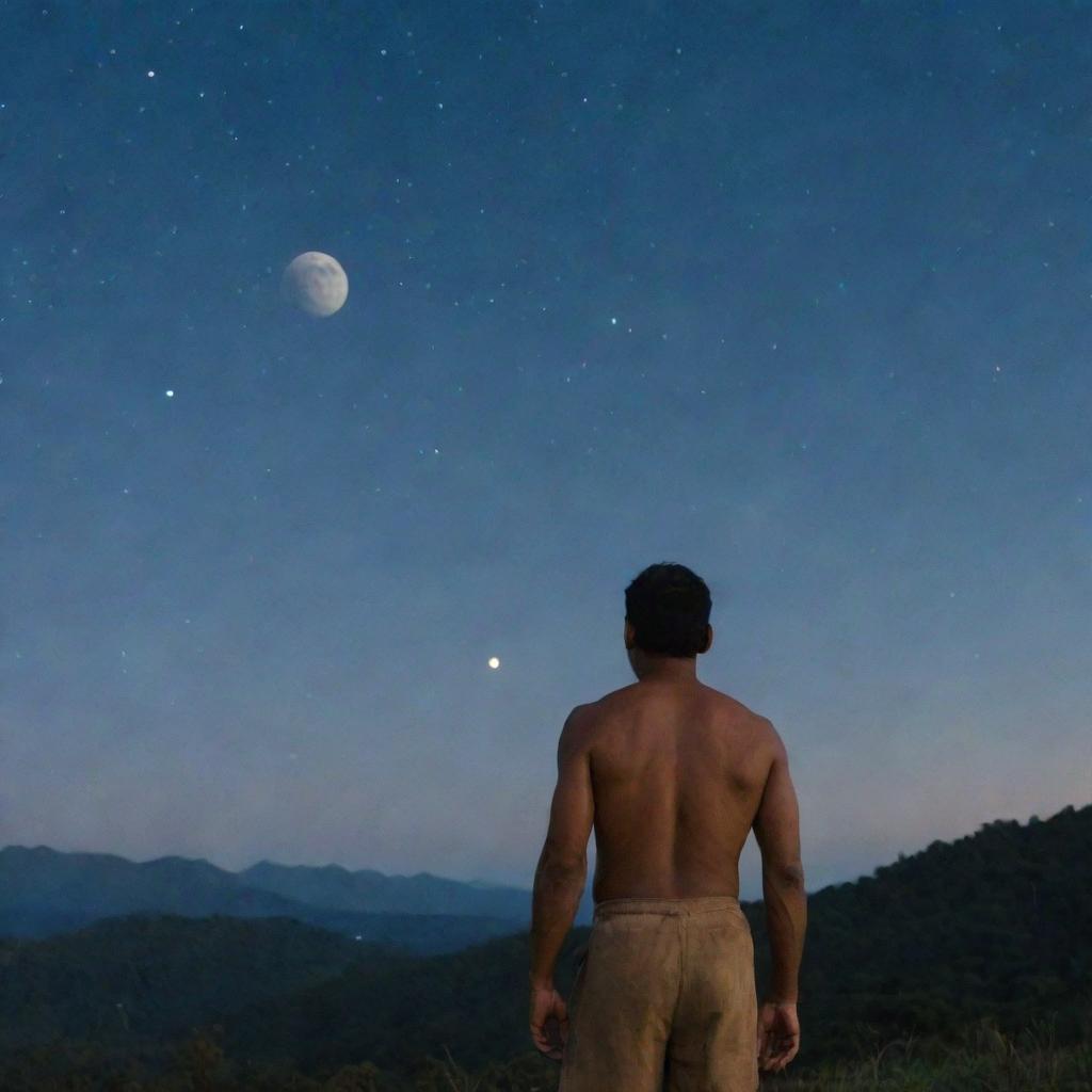 A man from the Muli tribe standing and gazing at the moon in a clear, starlit night