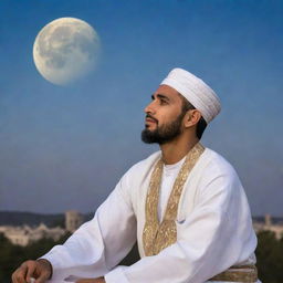 A Muslim man in traditional attire observing the moon with a look of contemplation and peace.