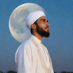 A Muslim man in traditional attire observing the moon with a look of contemplation and peace.