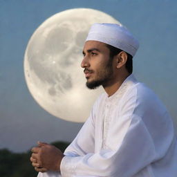 A Muslim man in traditional attire observing the moon with a look of contemplation and peace.