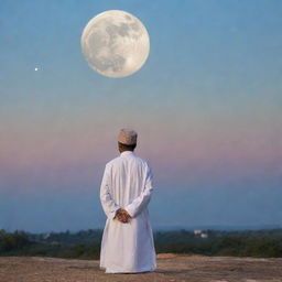 A Muslim man in traditional attire observing the moon with a look of contemplation and peace.