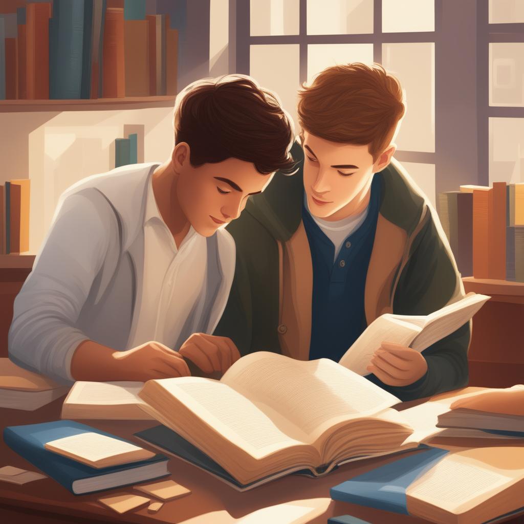 A detailed digital illustration, 'Bonds of Knowledge', portrays two young white men in a lively college setting