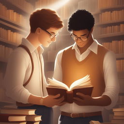A detailed digital illustration, 'Bonds of Knowledge', portrays two young white men in a lively college setting
