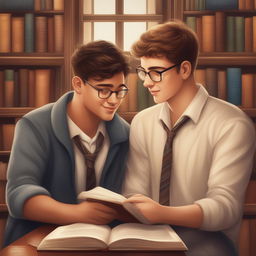 A detailed digital illustration, 'Bonds of Knowledge', portrays two young white men in a lively college setting