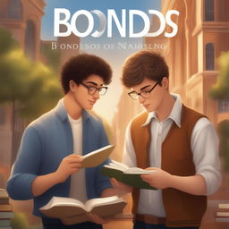 A detailed digital illustration, 'Bonds of Knowledge', portrays two young white men in a lively college setting