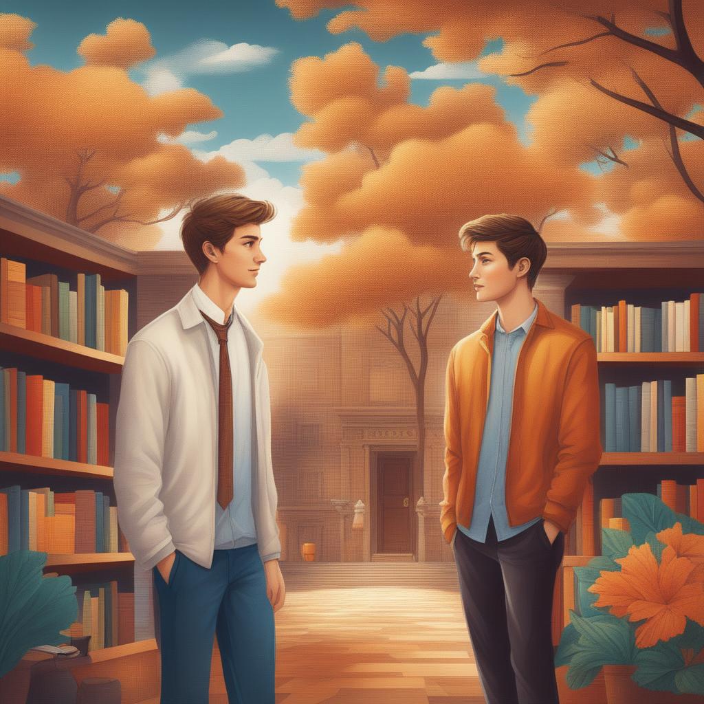 A high-quality digital illustration titled 'Bonds of Knowledge', portraying two young white men in a vibrant college setting