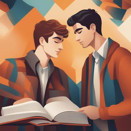 A high-quality digital illustration titled 'Bonds of Knowledge', portraying two young white men in a vibrant college setting