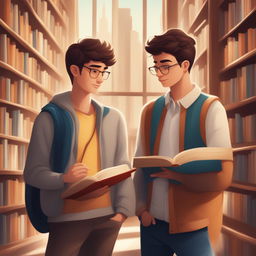 A high-quality digital illustration titled 'Bonds of Knowledge', portraying two young white men in a vibrant college setting