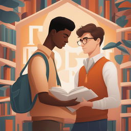 A high-quality digital illustration titled 'Bonds of Knowledge', portraying two young white men in a vibrant college setting