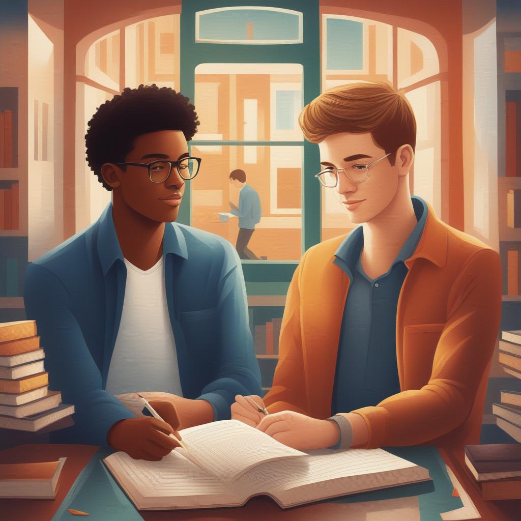 A high-quality digital illustration titled 'Bonds of Knowledge', portraying two young white men in a vibrant college setting