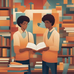 A high-quality digital illustration titled 'Bonds of Knowledge', portraying two young white men in a vibrant college setting
