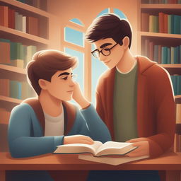 A high-quality digital illustration titled 'Bonds of Knowledge', portraying two young white men in a vibrant college setting