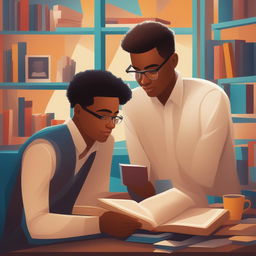 A high-quality digital illustration titled 'Bonds of Knowledge', portraying two young white men in a vibrant college setting
