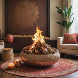 A Lohri greeting tailored for an interior designer, displaying a warm bonfire in a tastefully designed indoor setting, accentuating the elegant décor juxtaposed with traditional Lohri elements.