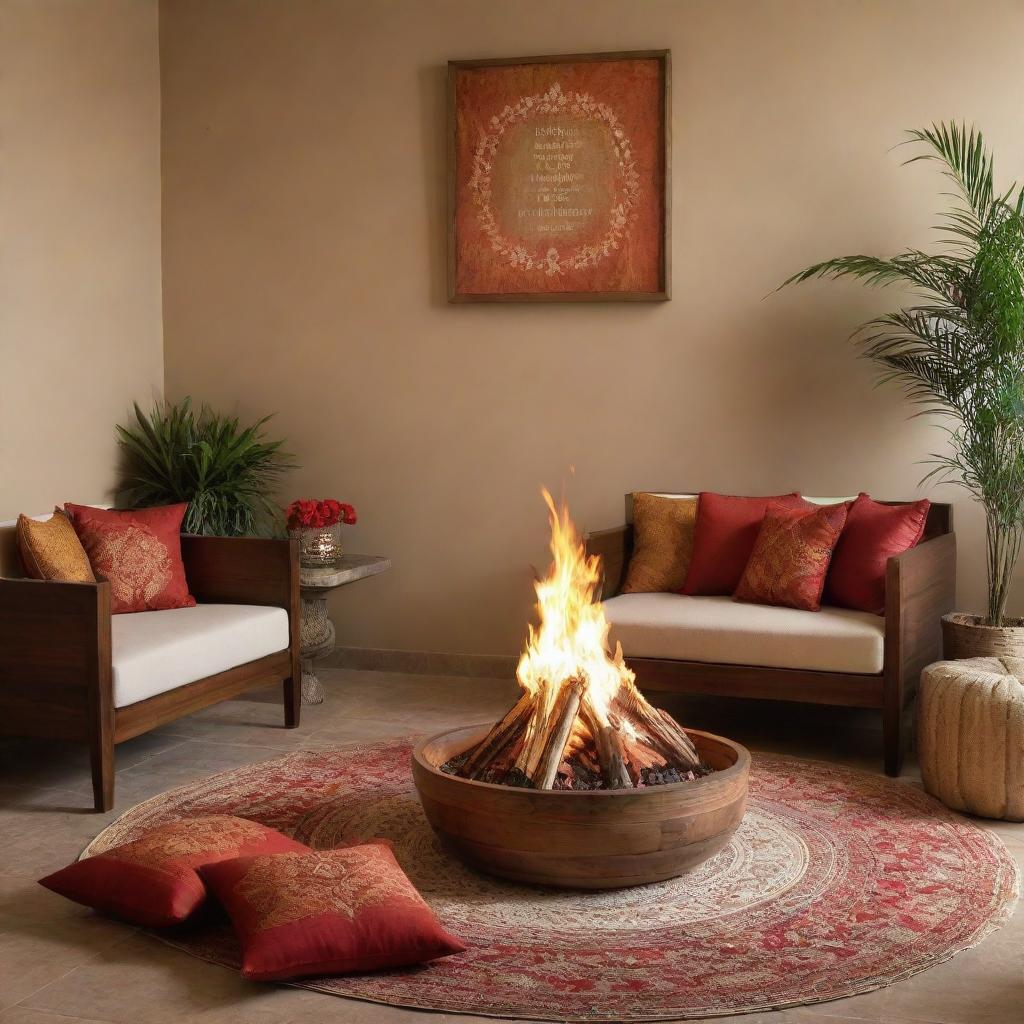 A Lohri greeting tailored for an interior designer, displaying a warm bonfire in a tastefully designed indoor setting, accentuating the elegant décor juxtaposed with traditional Lohri elements.