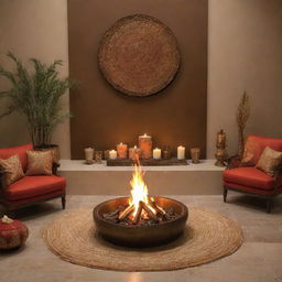 A Lohri greeting tailored for an interior designer, displaying a warm bonfire in a tastefully designed indoor setting, accentuating the elegant décor juxtaposed with traditional Lohri elements.