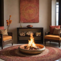 A Lohri greeting tailored for an interior designer, displaying a warm bonfire in a tastefully designed indoor setting, accentuating the elegant décor juxtaposed with traditional Lohri elements.