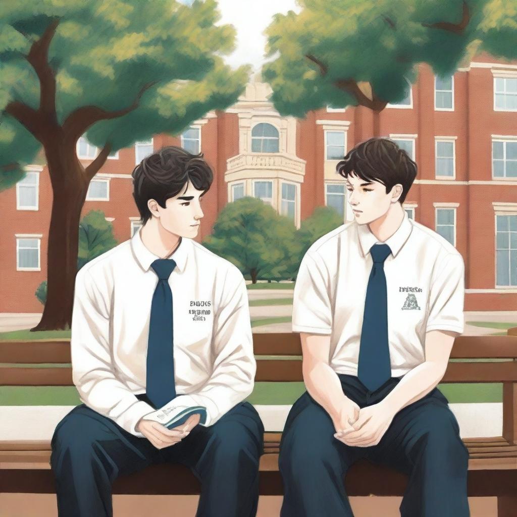 The high-quality illustration titled 'Bonds of Knowledge' portrays two young white men with dark hair, seated closely on a bench amidst a bustling college environment