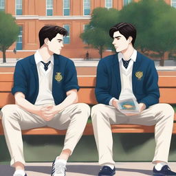 The high-quality illustration titled 'Bonds of Knowledge' portrays two young white men with dark hair, seated closely on a bench amidst a bustling college environment