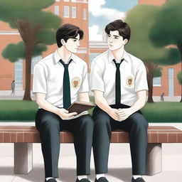 The high-quality illustration titled 'Bonds of Knowledge' portrays two young white men with dark hair, seated closely on a bench amidst a bustling college environment