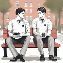 The high-quality illustration titled 'Bonds of Knowledge' portrays two young white men with dark hair, seated closely on a bench amidst a bustling college environment