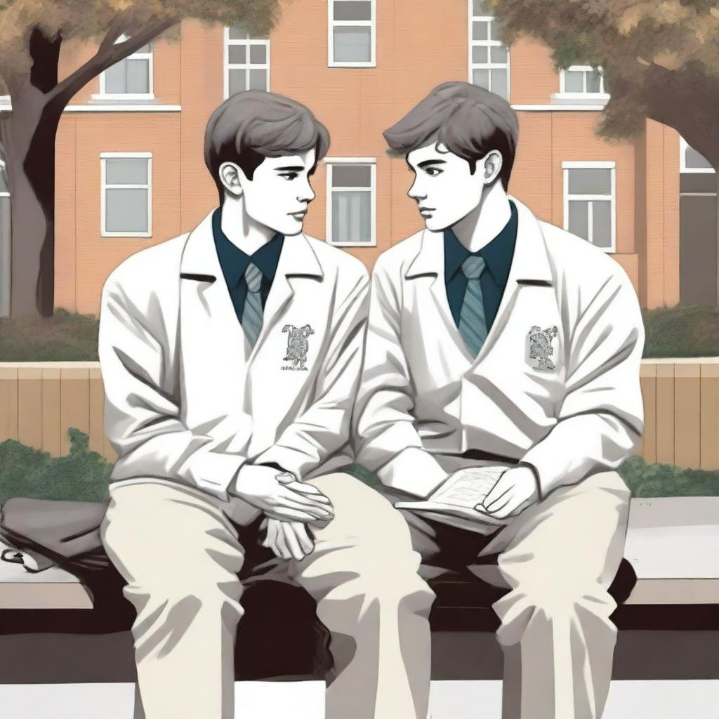 The high-quality illustration titled 'Bonds of Knowledge' portrays two young white men with dark hair, seated closely on a bench amidst a bustling college environment