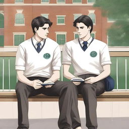 The high-quality illustration titled 'Bonds of Knowledge' portrays two young white men with dark hair, seated closely on a bench amidst a bustling college environment