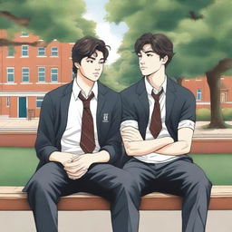 The high-quality illustration titled 'Bonds of Knowledge' portrays two young white men with dark hair, seated closely on a bench amidst a bustling college environment