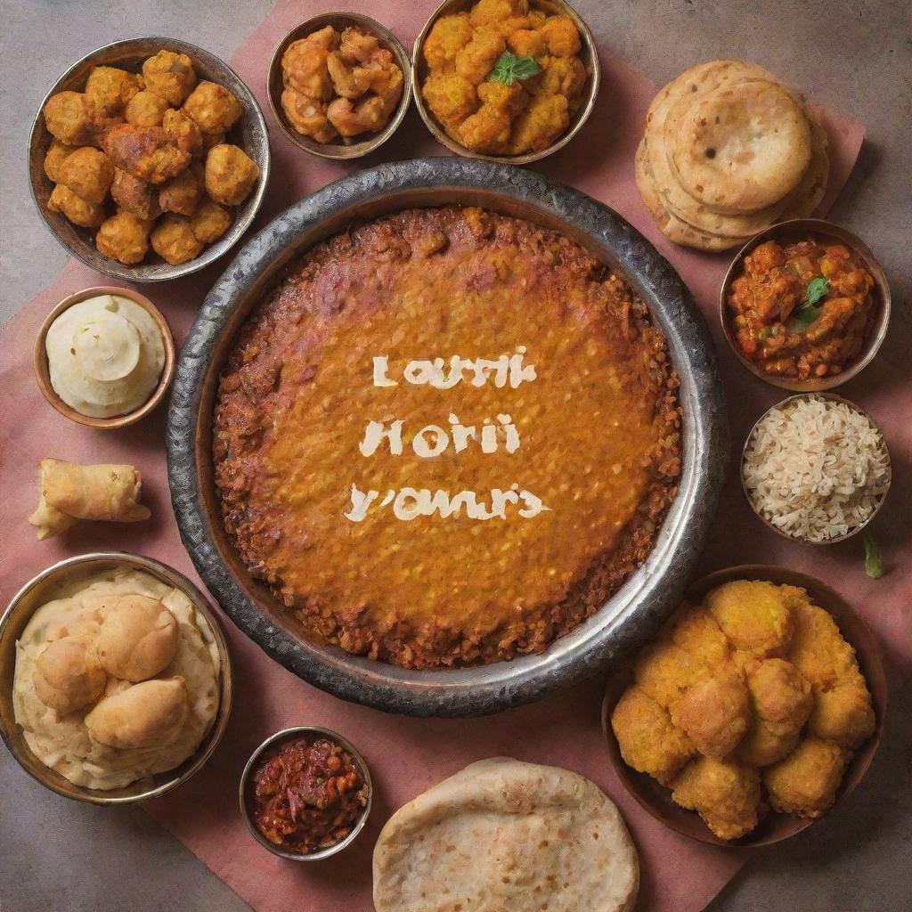 A Lohri greeting for a Bengali food delivery business. Showcase a festive feast featuring traditional Bengali and Punjabi dishes, symbolizing the warmth and richness of Lohri celebrations.