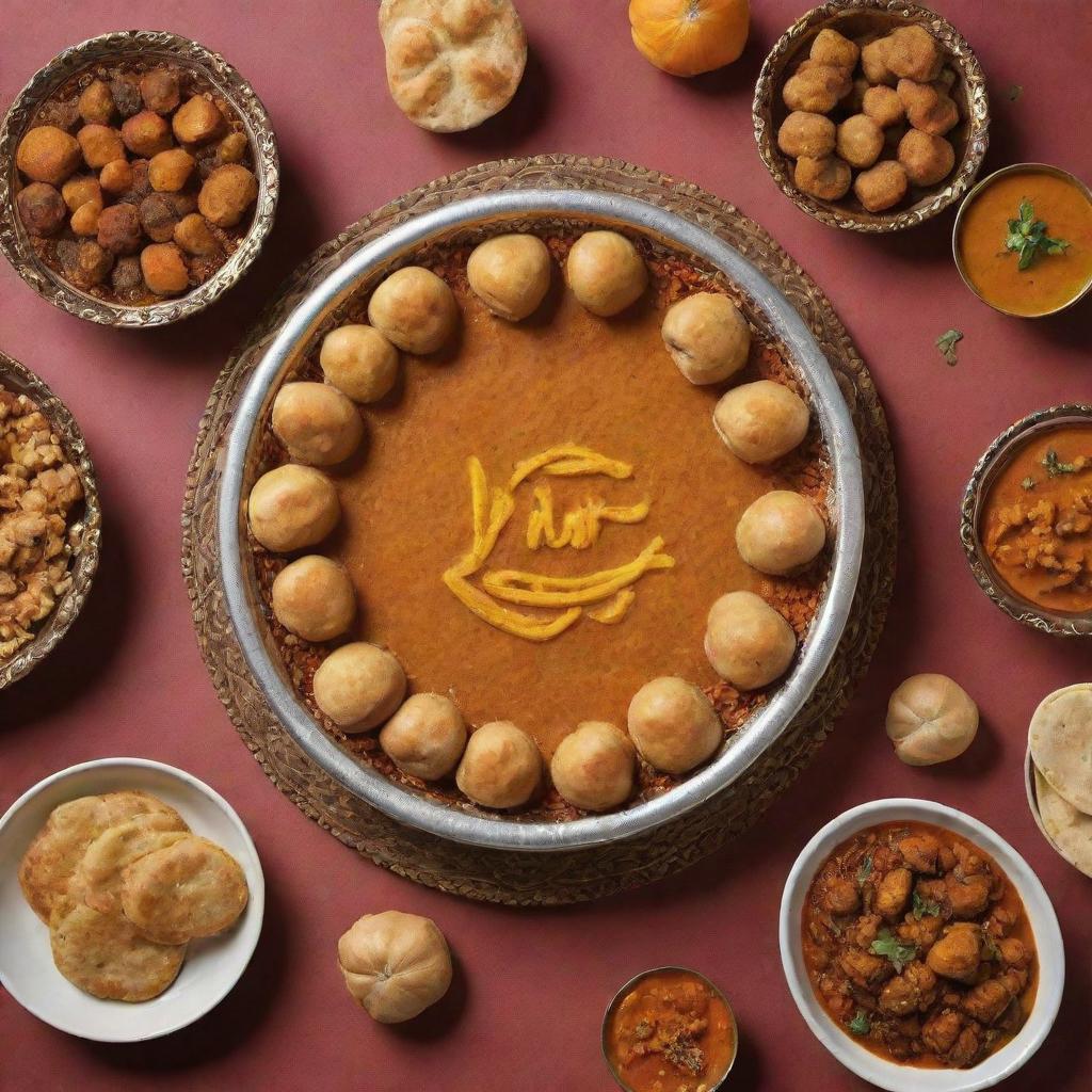 A Lohri greeting for a Bengali food delivery business. Showcase a festive feast featuring traditional Bengali and Punjabi dishes, symbolizing the warmth and richness of Lohri celebrations.